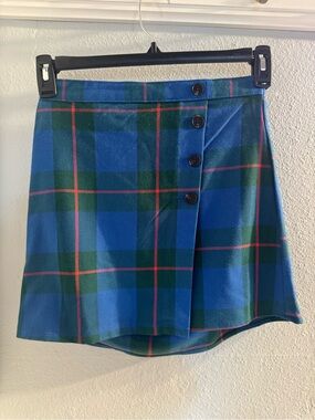 Blue Plaid Button-Front Mini Skirt